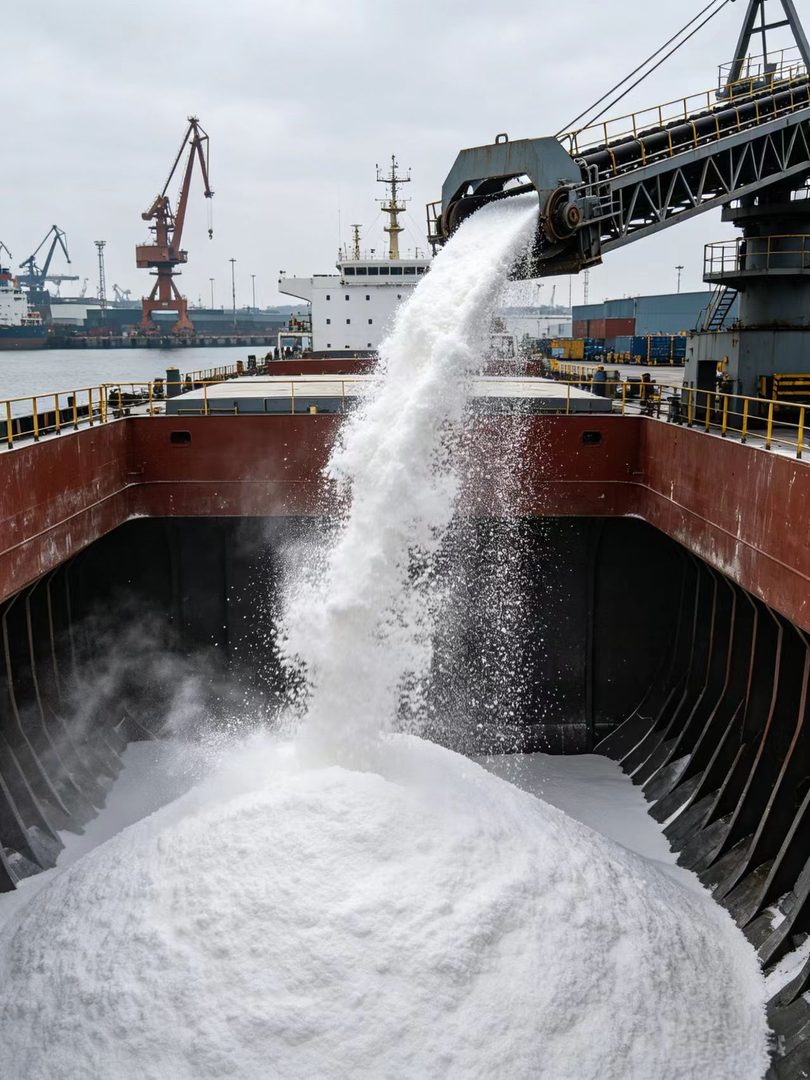 Bulk cargo being loaded into the hold of a vessel at the port